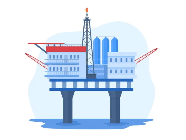 Illustrazione vettoriale dell'industria petrolifera, paesaggio urbano piano del fumetto con piattaforma di perforazione dell'impianto di perforazione dell'acqua, stazione offshore isolata su bianco — Vettoriale Stock