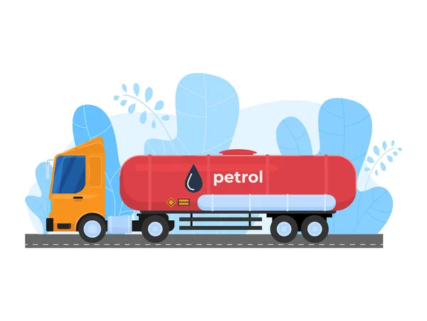 石油ガス産業ベクトル図、漫画のフラット貨物輸送、白に隔離された石油アイコンを輸送する車のタンクトラック — ストックベクタ