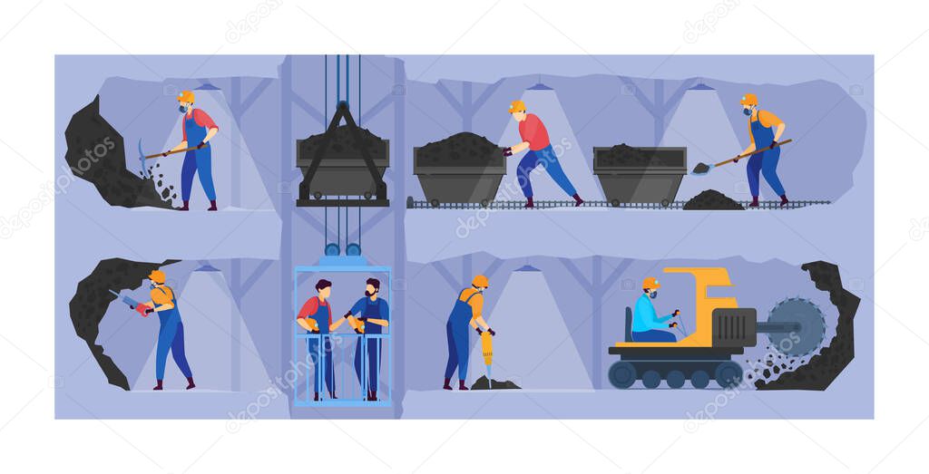 People work in mine industry vector illustration, cartoon flat miner characters working in underground tunnels, mining business background