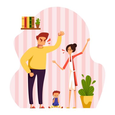 Kavgalı vektör illüstrasyonları, çizgi film karakterleri birbirine bağıran öfkeli ebeveyn karakterleri, beyaz tenli çocuk ağlaması.