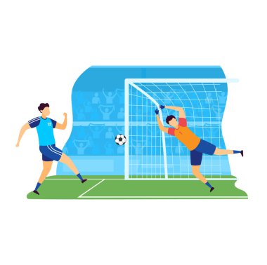 Sporcu vektör illüstrasyonu, çizgi film düz profesyonel erkek futbolcu karakterleri atlama, beyazlar üzerinde izole edilmiş futbol oynama