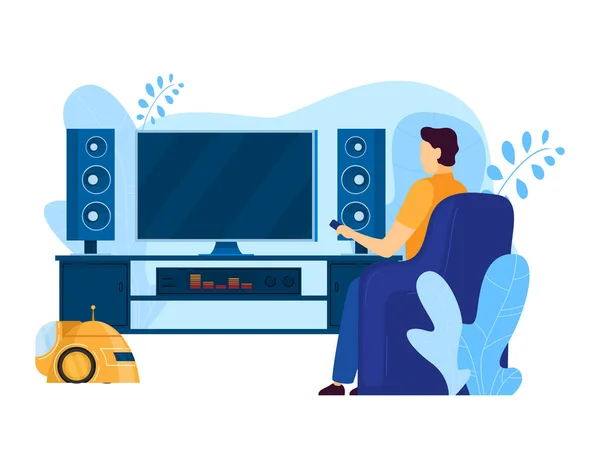 スマートホームベクトル図、漫画のフラットマン文字アームチェアに座って、白に隔離された家の制御システムをリモート — ストックベクタ