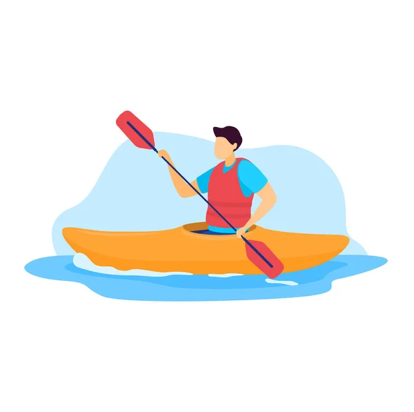 Sportsman vettoriale illustrazione, cartone animato uomo piatto kayaker personaggio kayak, equitazione e canoa pagaia in barca isolato su bianco — Vettoriale Stock