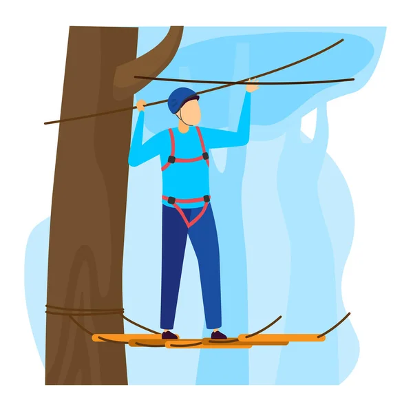 Sportman vector illustratie, cartoon platte man klimmer karakter klimmen touw ladders met beschermende apparatuur geïsoleerd op wit — Stockvector