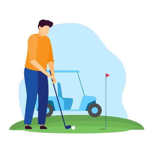 Sportember vektor illusztráció, rajzfilm lapos ember golfozó karakter golfozik a zöld füves pályán, sztrájk labda elszigetelt fehér — Stock Vector