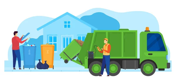 Afvalverwerking fabriek vector illustratie, cartoon werknemer karakter werken op vrachtwagen stad vuilnisophaler, het laden van vuilnisbak — Stockvector