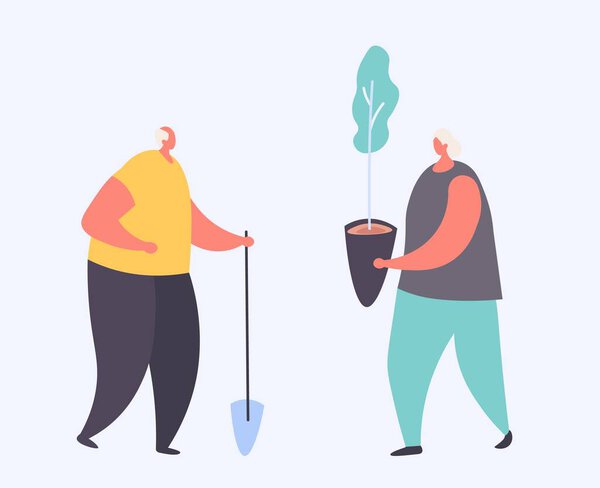 Cartoon grandfather with shovel and grandmather with seedling in a pot for their garden isolated on white vector, illustration