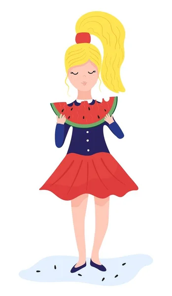 漂亮的金发女人吃着大块西瓜的概念和白色背景上的矢量图解。女主角吃甜甜的红瓜瓜. — 图库矢量图片