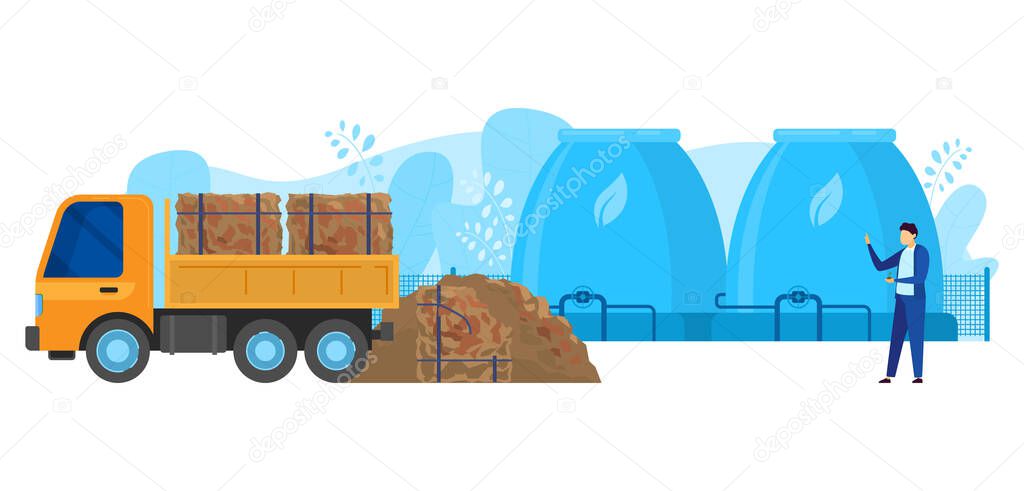 Waste processing factory vector illustration, cartoon flat truck unloading sorted household garbage for composting tank reservoir