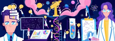 Keşif bilimi, kimya laboratuarındaki eğitim araştırması el ilanları, posterler, kitap kapağı, pankart vektör illüstrasyonları.