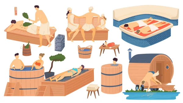 Sauna e spa bagno di legno, persone in apanese russo e bagno turco, vapore casa relax e tempo libero isolato set cartone animato vettoriale illustrazione . — Vettoriale Stock