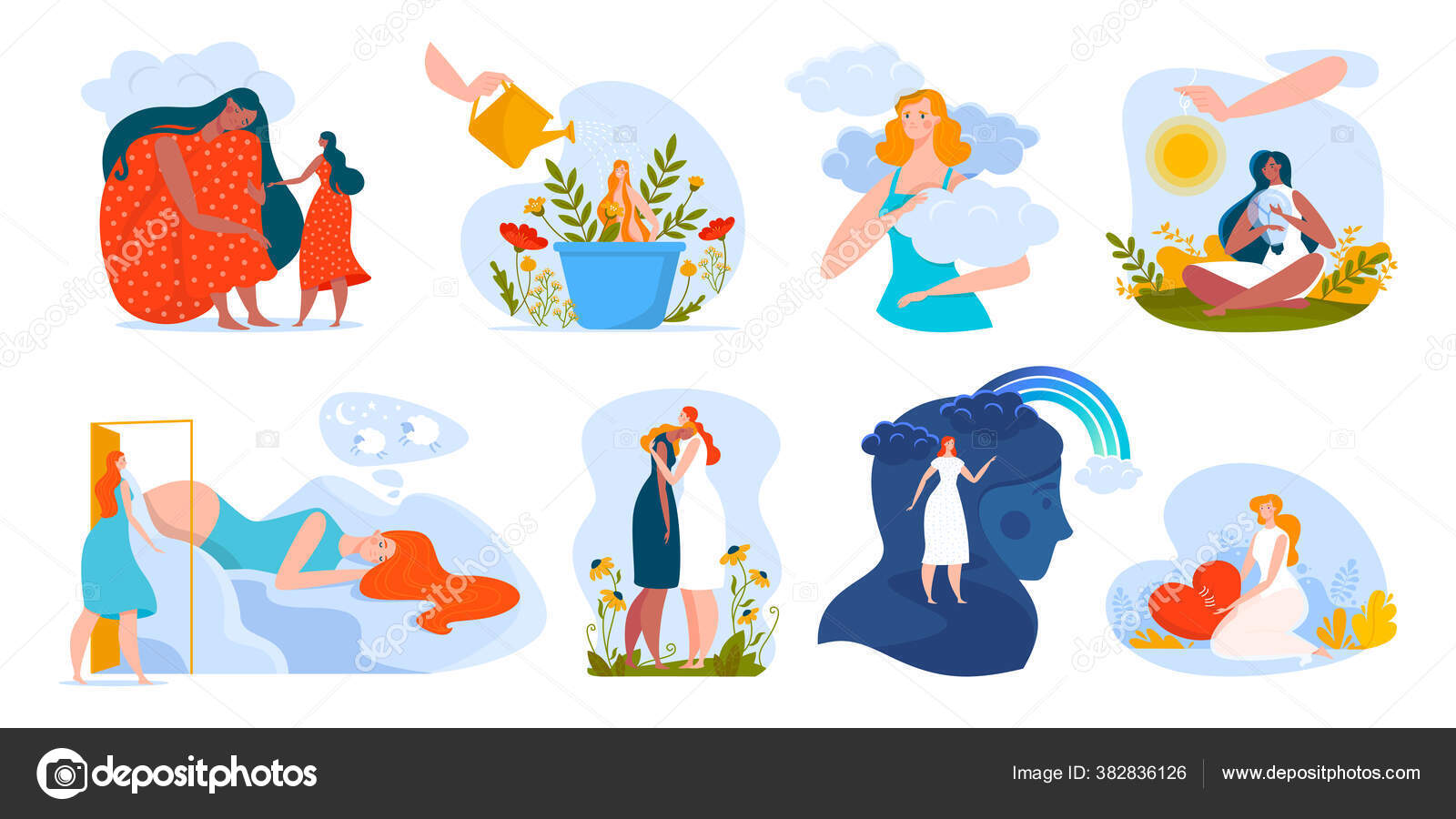 Ilustración de vectores de salud mental, personajes de dibujos animados de  mujer plana abrazándose, ayudando en problemas, psicoterapia emocional de  salud Vector de stock #382836126 de ©seahorsevector, image size:1600x900