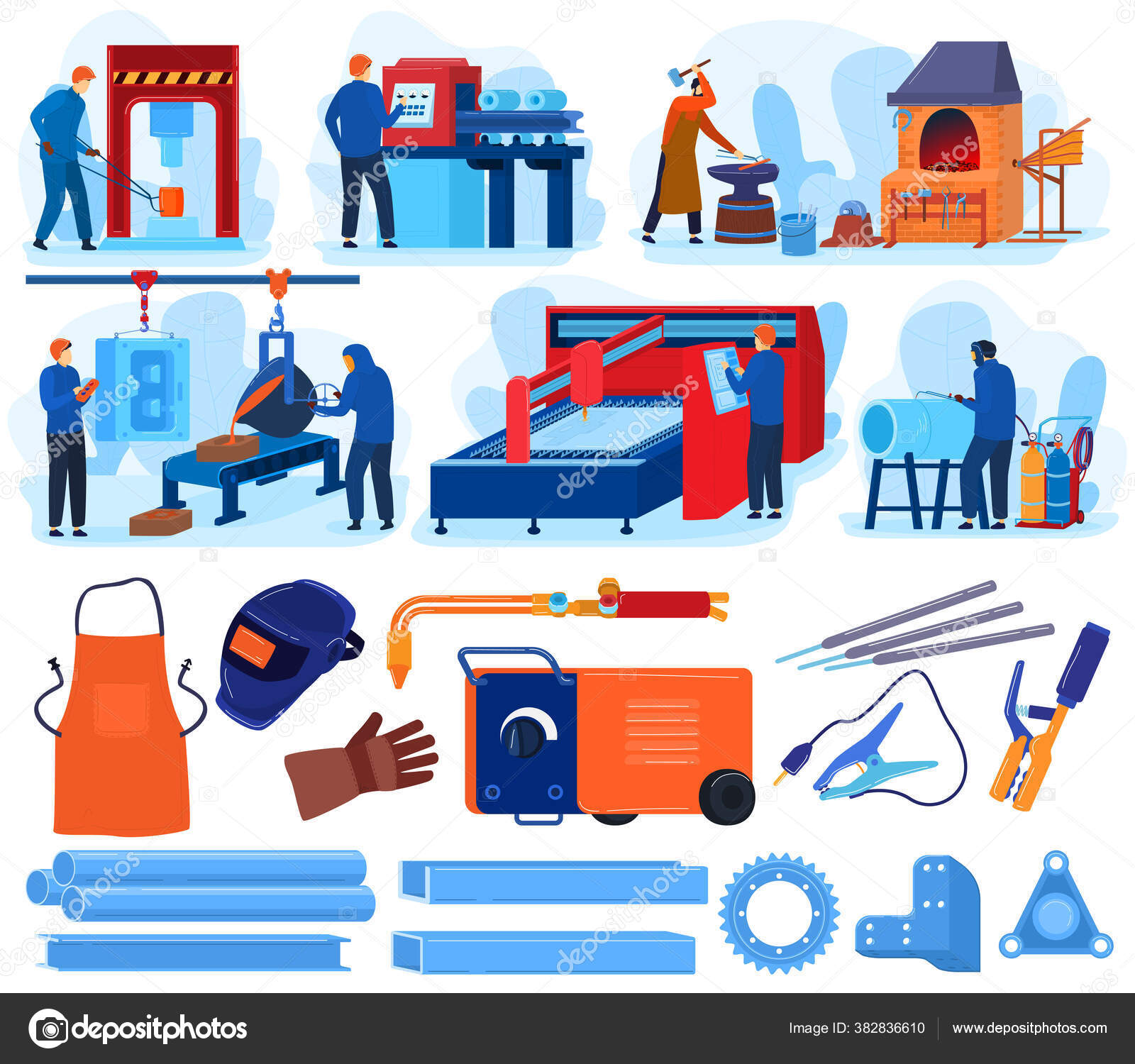 Welding Metal Work Vector Illustrations Cartoon Flat Set With Blacksmith Metalworking Tool Equipment Welder Worker People Forging Working Stock Vector Image By C Seahorsevector