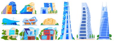 Şehir modern bina vektör illüstrasyon seti, şehir manzarası evinin çizgi film düz koleksiyonu, iş ofisi veya ev gökdeleni kulesi