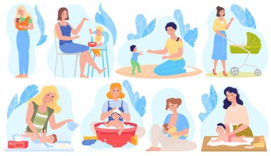 Baby care, breastfeeding vector illustrations, cartoon flat set with mother character breastfeed, giving newborn baby milk, feeding playing clipart