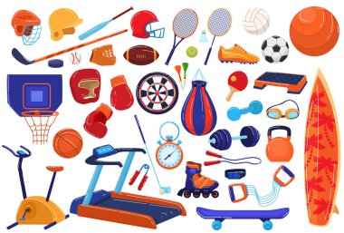 Spor ekipmanları vektör illüstrasyon ikonu seti, futbol, futbol maçı ve tenis için top raketi olan çizgi film düz sporcu koleksiyonu.