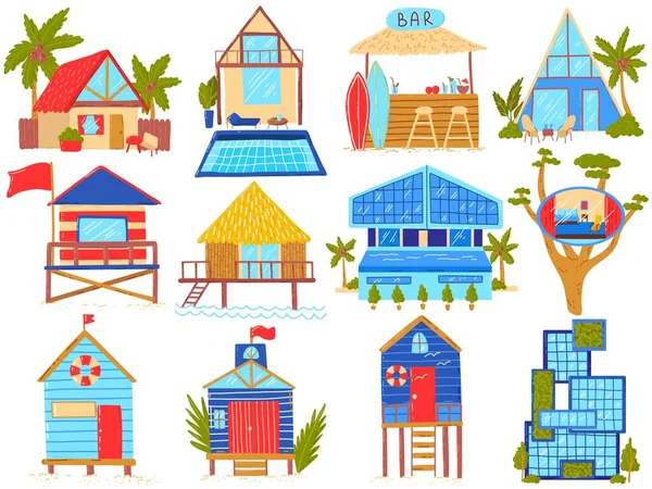 Casas de praia conjunto de ilustrações vetoriais, cartoon cabanas de palha plana em linha de praia, casa de bangalô com palmeiras ou casas exóticas hotéis villa —  Vetores de Stock