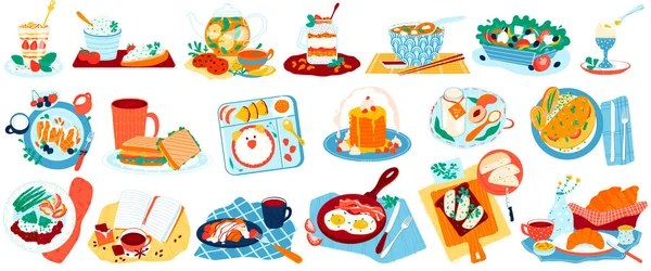 Pequeno-almoço conjunto de ilustração vetor de comida, desenho animado coleção plana com sanduíche saudável ou salada, saborosa refeição ovo de bacon, café ou menu de comida caseira —  Vetores de Stock