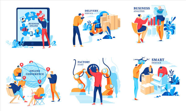 Бизнес онлайн векторные иллюстрации, мультипликационный плоский бизнесмен анализируя финансовые данные, встреча на конференции, запуск фабрики онлайн
