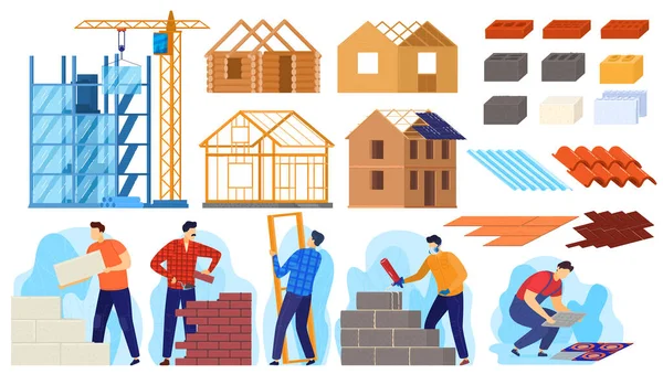 Bouwnijverheid vector illustratie, cartoon platte actieve werknemer personages bouwen huis, bouwers doen bouw werk — Stockvector