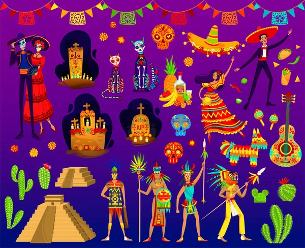 Ilustraciones de vectores aztecas mexicanas, conjunto plano de dibujos animados con adornos folclóricos tradicionales o elementos aislados de la fiesta del Día de Muertos de México — Vector de stock