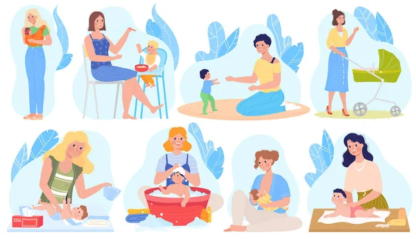 Cuidado del bebé, ilustraciones de vectores de lactancia materna, conjunto plano de dibujos animados con el personaje madre amamantar, dando leche para bebés recién nacidos, jugando alimentación — Vector de stock