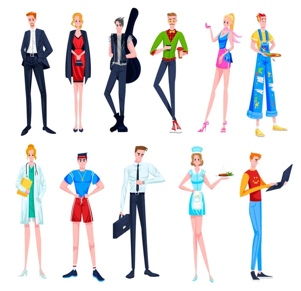 Mensen in beroepen vector illustratie set, cartoon platte vrouw man karakters van verschillende beroepen, het dragen van professionele uniform — Stockvector