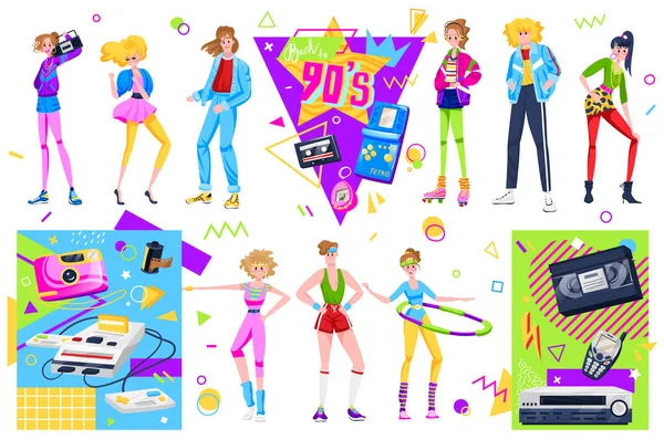 Retro disco pessoas vetor ilustração conjunto, desenho animado mulher plana homem dançarino personagens dançando em roupas de moda e penteados nos anos 90 — Vetor de Stock