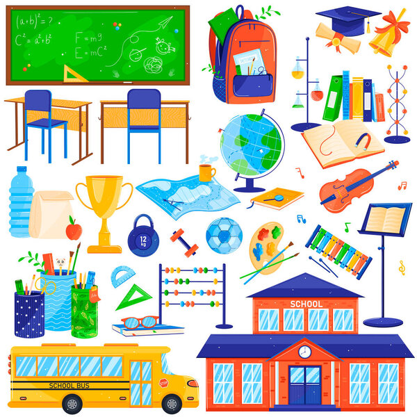 School objects vector illustration icon set, cartoon flat equipment collection of stationery tool supplies for student, book or backpack