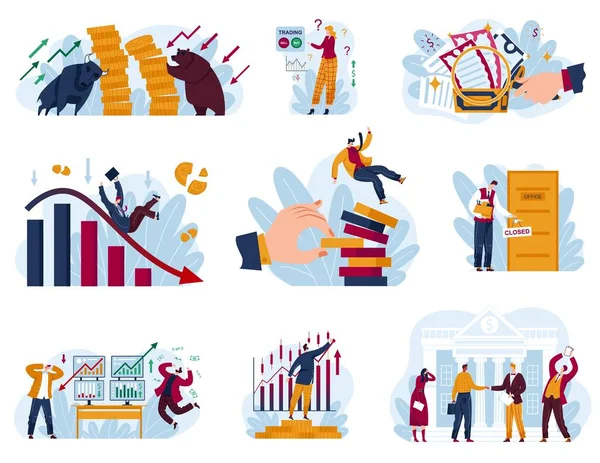 Stock markt concept vector illustratie set, cartoon platte collectie met handelaar zakenman werkt in financiële bedrijfsgegevens analyse — Stockvector