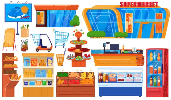 Ensemble d'illustration vectoriel d'épicerie de supermarché, collection hypermarché plat de dessin animé de bâtiment de devanture, étagère de magasin et congélateur — Image vectorielle
