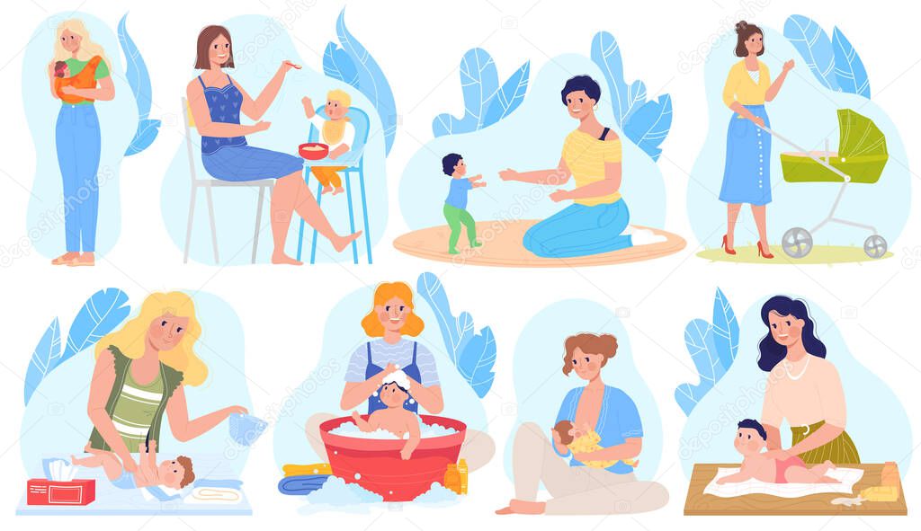 Baby care, breastfeeding vector illustrations, cartoon flat set with mother character breastfeed, giving newborn baby milk, feeding playing