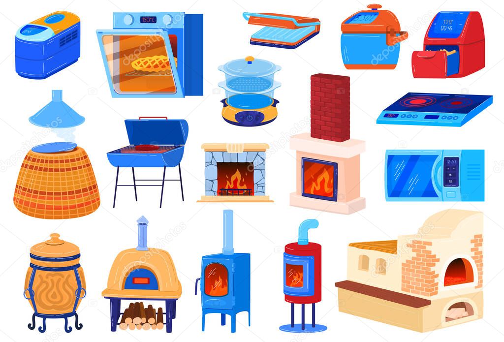 Oven stove vector illustrations, cartoon flat set for cook food in kitchen with electric or gas hob stove, old iron wood burning stove