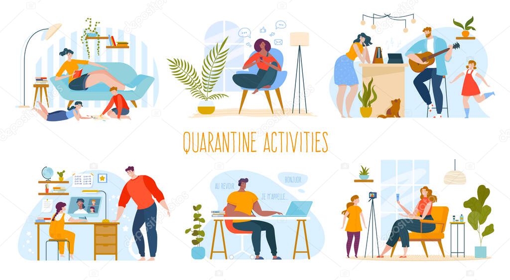 People stay home in quarantine vector illustration set, cartoon flat woman man or family characters communicate in online social media