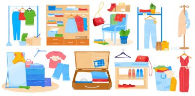 Giysi dolabı vektör illüstrasyonu, karikatür düz oda mobilyası seti, beyaz üzerine izole kadın erkek kıyafetleri ile dolap açıldı.