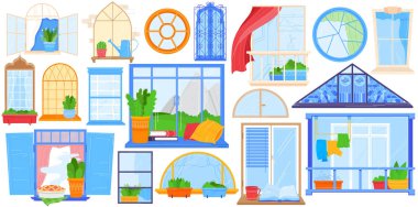 Pencere, ev balkonu izole vektör illüstrasyonu, pencere çerçeveli düz ev dekorasyonu perdeler veya saksı, tırabzan