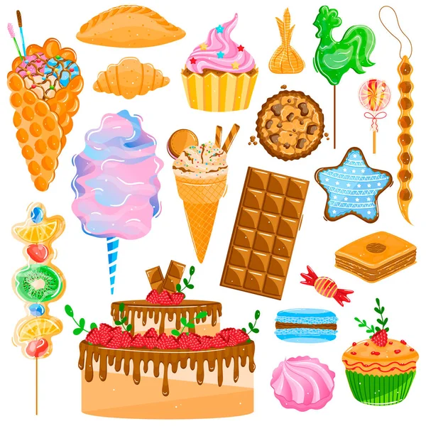 Süßes Dessertgebäck Vektor Illustrations-Set, Cartoon-Flachsammlung Kuchen mit Schokoladencreme oder Cupcake, gebackene Plätzchen, Makronen — Stockvektor