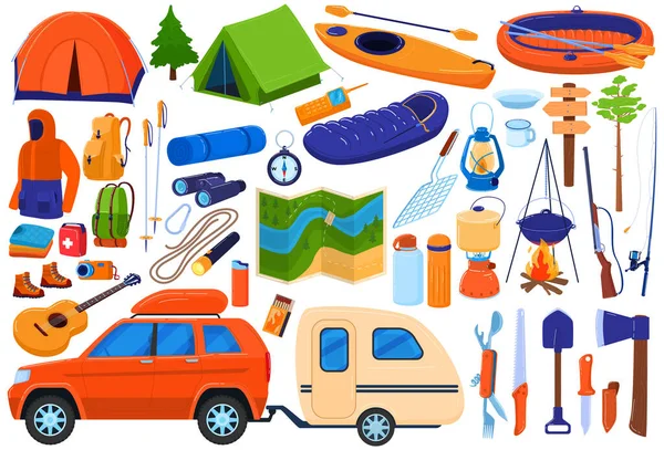 Toerisme kamp uitrusting vector illustratie set, cartoon platte reizen expeditie collectie voor familie toeristen wandelen, kamperen in het bos — Stockvector