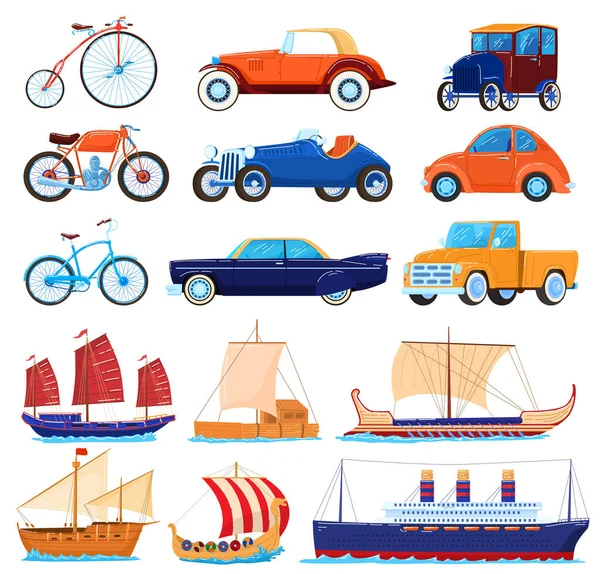 Vintage transport vector illustrations, cartoon flat transporting classic set of retro american sport cars, old bicycle, sea boats or ship — Stock Vector