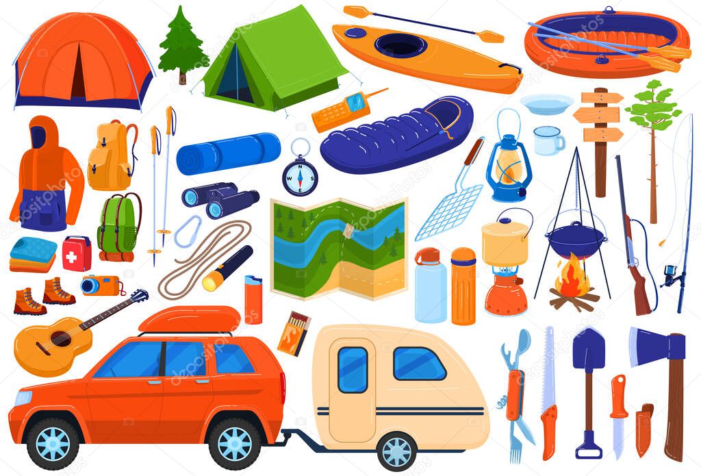 Tourism camp equipment vector illustration set, cartoon flat travel expedition collection for family tourists hiking, camping in forest
