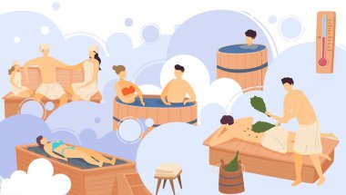 Saunadaki insanlar, erkek ve kadın çizgi film karakterleri spa merkezinde, vektör illüstrasyonunda banyo yapıyorlar.