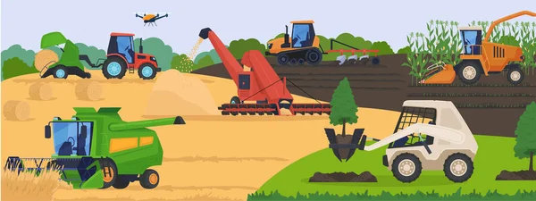 Maquinaria agrícola en el campo, equipo de vehículos de cosecha y transporte rural, ilustración vectorial . — Vector de stock