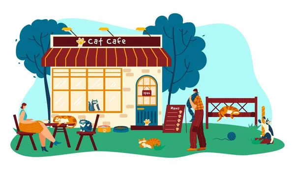 Café de gato com animais de estimação engraçados personagens de desenhos animados, as pessoas bebem café e brincam com animais, ilustração vetorial — Vetor de Stock