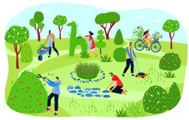 İnsanlar parkta bahçıvanlık yapıyor, kadın ve erkekler yeşillik dikiyor, çalıları kesiyorlar, vektör çizimleri yapıyorlar.