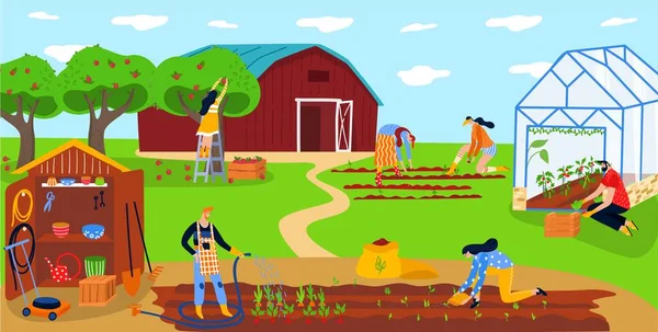 Agriculteurs plantant des légumes, les gens heureux travaillent ensemble sur la ferme écologique locale, illustration vectorielle — Image vectorielle