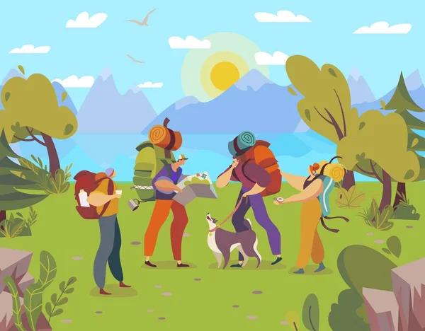 Oameni drumeții cu rucsacuri, personaje de desene animate drumeții în natură, aventură în aer liber, ilustrație vectorială — Vector de stoc