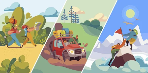 La gente viaggia nella natura, escursioni e alpinismo, gite in macchina o trekking con zaini, illustrazione vettoriale — Vettoriale Stock