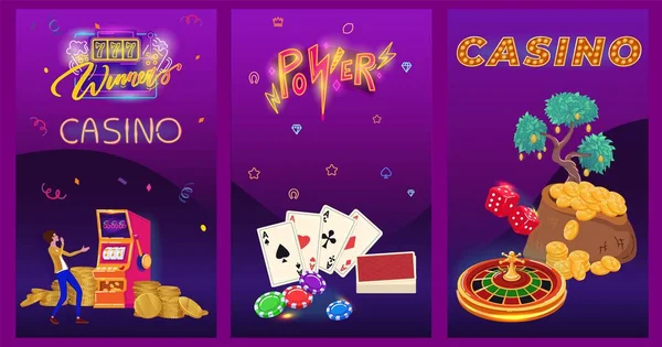 Banner de neón de Casino, juego de cartas de juego, personaje de dibujos animados ganador del premio mayor de la gente, ilustración vectorial — Archivo Imágenes Vectoriales