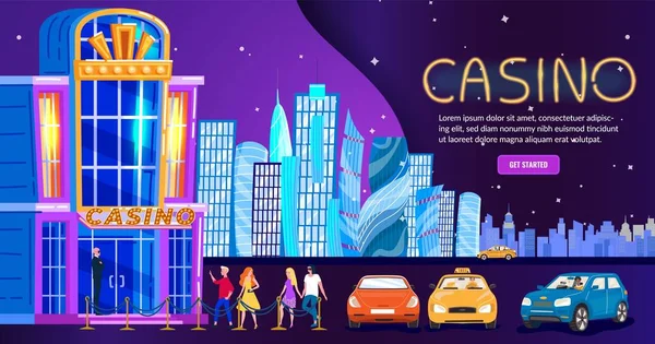 Kasino i natt stad, människor nattliv klubbentré, skyline bakgrund för webbplats, vektor illustration — Stock vektor