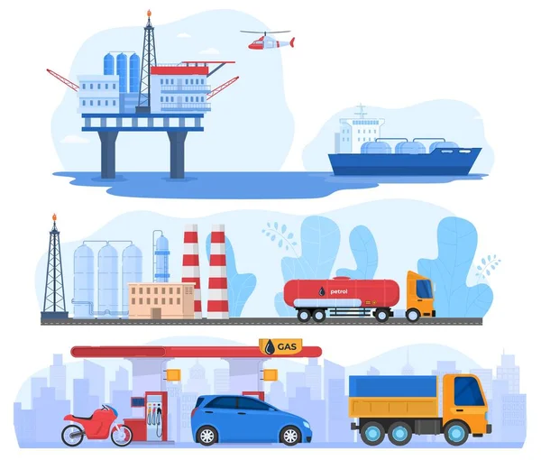 Industria petrolifera e del gas, stazione di trasformazione e logistica distribuzione trasporti, illustrazione vettoriale — Vettoriale Stock